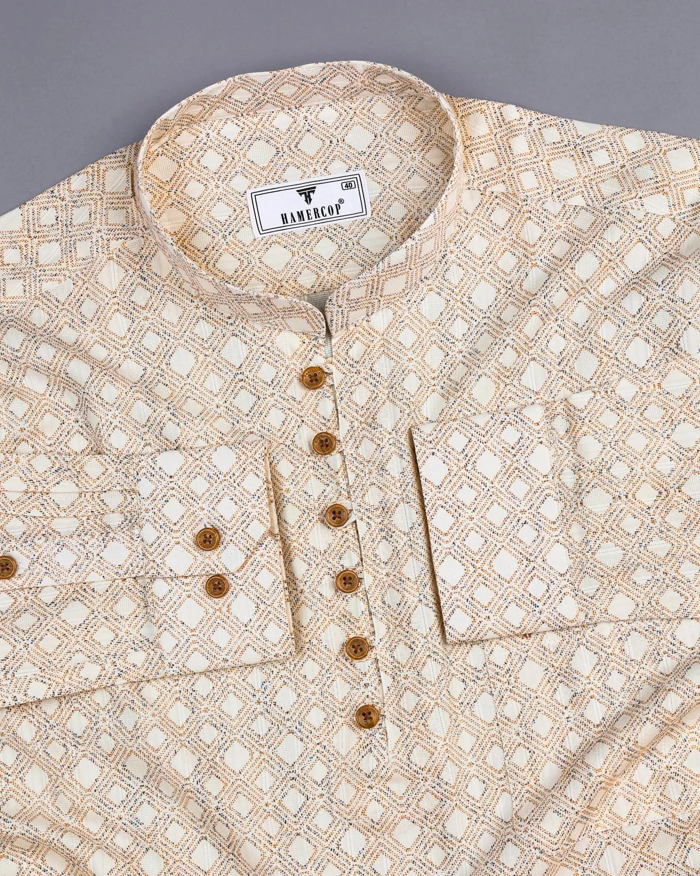 Bangor Cream Printed Dobby Cotton Shirt Style Kurta