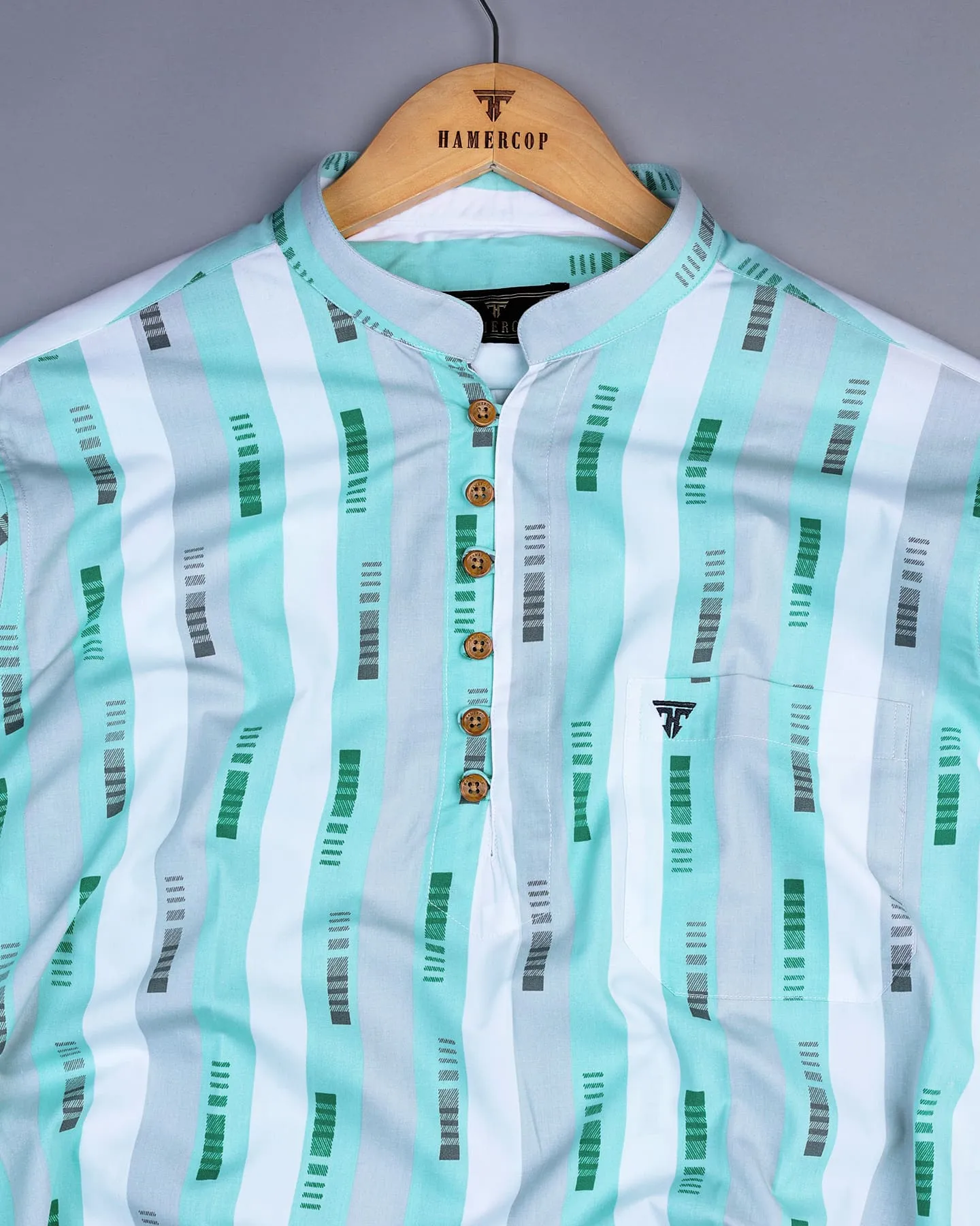 Chiffon Turquoise Blue MultiStriped Cotton Shirt Style Kurta