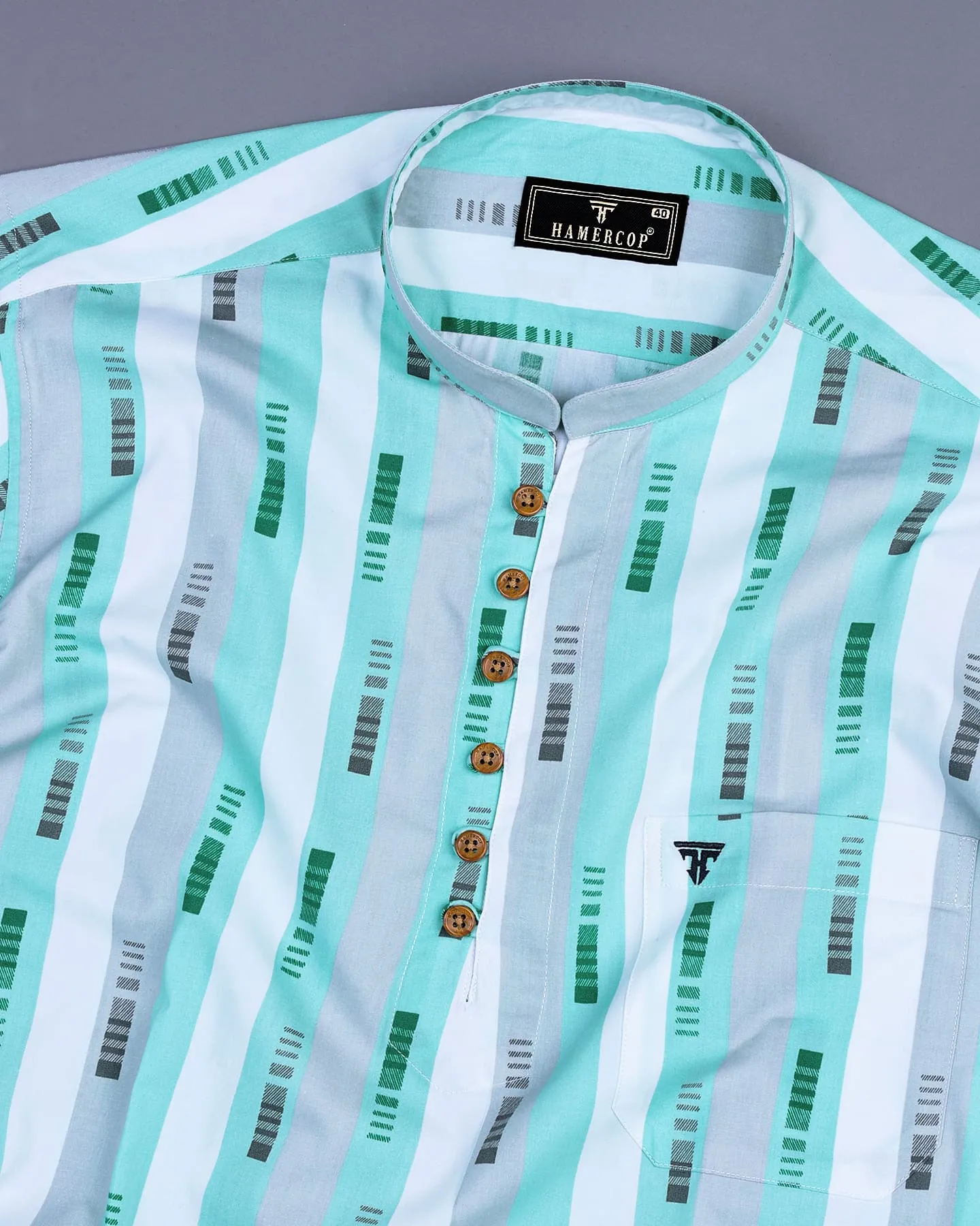 Chiffon Turquoise Blue MultiStriped Cotton Shirt Style Kurta