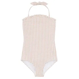 girls brown crinkle gingham halter one piece