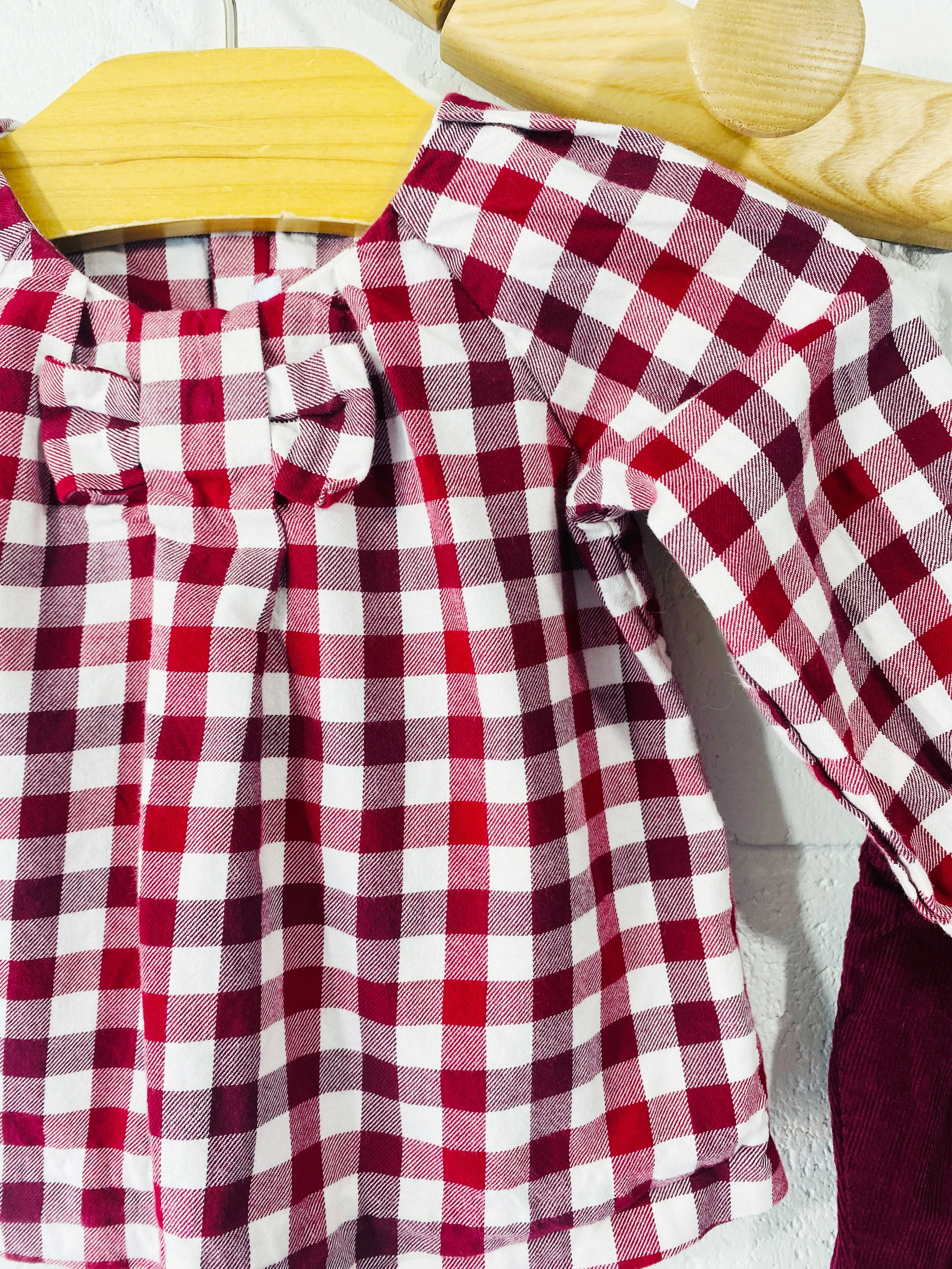 Jacadi Burgundy Gingham Check Top   Corduroy Pants Outfit, 6 months