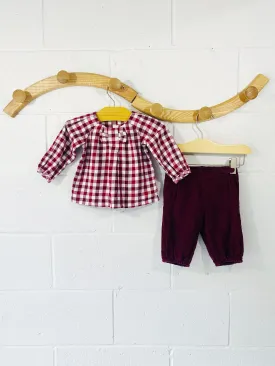 Jacadi Burgundy Gingham Check Top   Corduroy Pants Outfit, 6 months