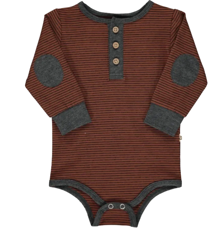 Me & Henry - Baby Stripe Henley Onesie in Rust
