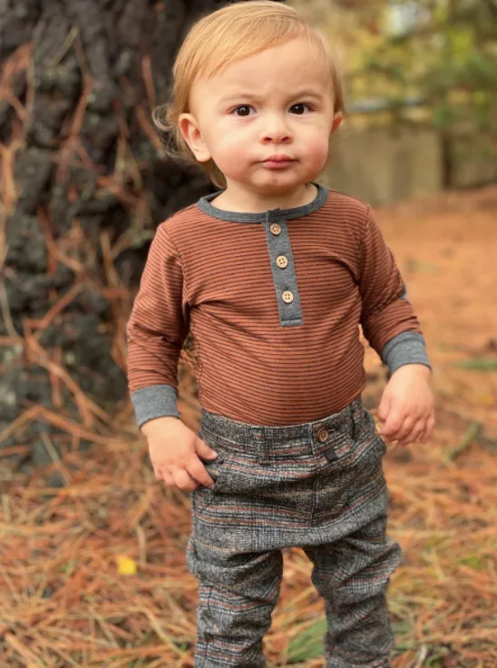 Me & Henry - Baby Stripe Henley Onesie in Rust